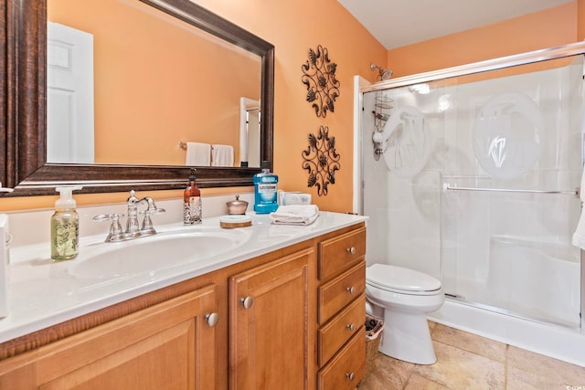 bathroom with toilet, a stall shower, and vanity