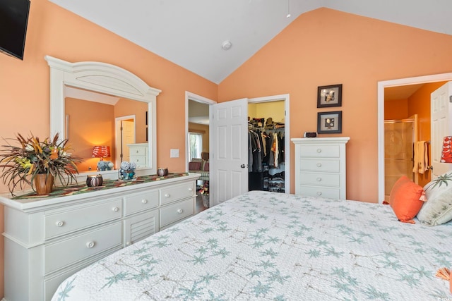 bedroom featuring a walk in closet, a closet, and vaulted ceiling