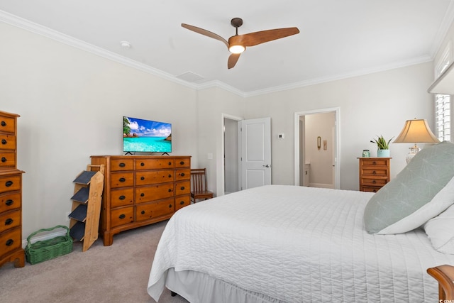 bedroom featuring ceiling fan, carpet floors, and ornamental molding