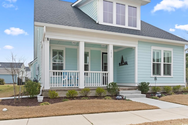 view of front facade featuring covered porch and roof with shingles