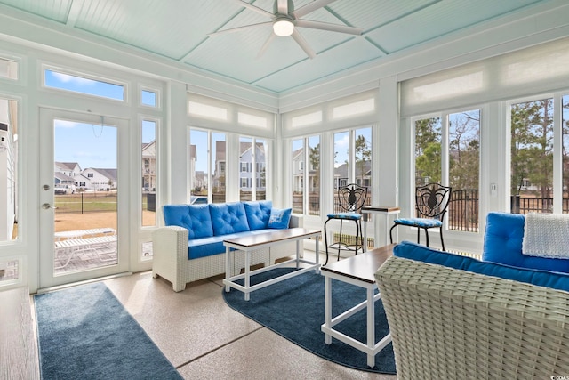 sunroom / solarium with coffered ceiling, a healthy amount of sunlight, and ceiling fan