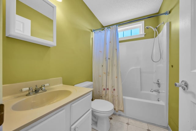 4938 Trooper Ln, Loris, SC 29569 - full bathroom with vanity, toilet, shower / bathtub combination with curtain, tile patterned floors, and a textured ceiling