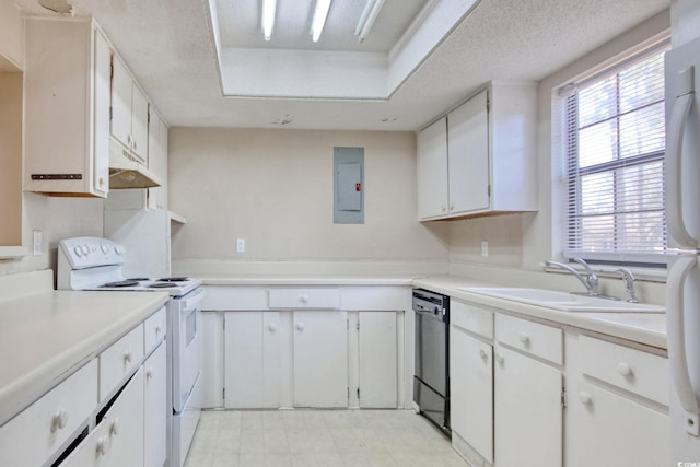 kitchen with white appliances, electric panel, light countertops, and a sink