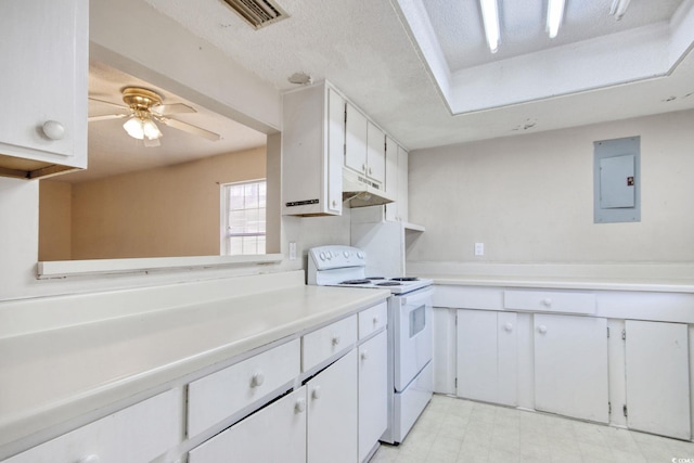 kitchen featuring white range with electric cooktop, white cabinetry, light countertops, and electric panel