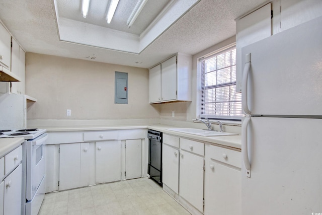 kitchen featuring light floors, electric panel, white appliances, white cabinetry, and a sink