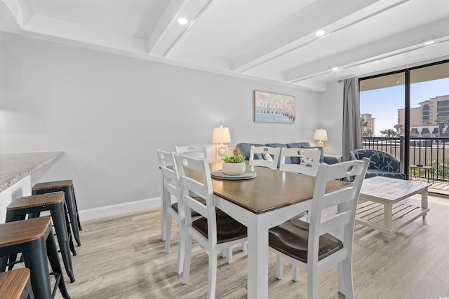 601 Mitchell Dr Unit 203, Myrtle Beach, SC 29577 - dining area featuring light wood finished floors, beamed ceiling, baseboards, and recessed lighting