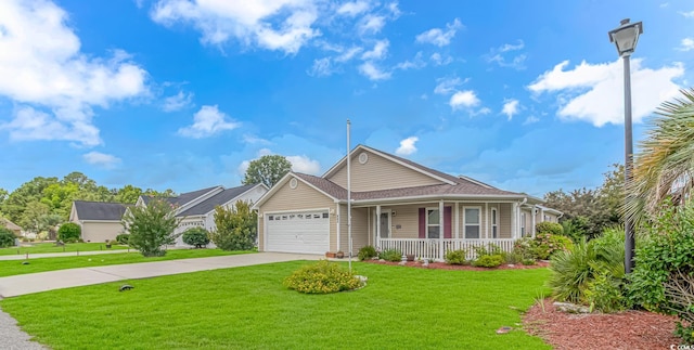 view of front of home with a front lawn, concrete driveway, roof with shingles, covered porch, and an attached garage