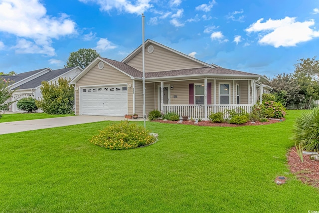 view of front of home featuring a front yard, driveway, roof with shingles, a porch, and a garage