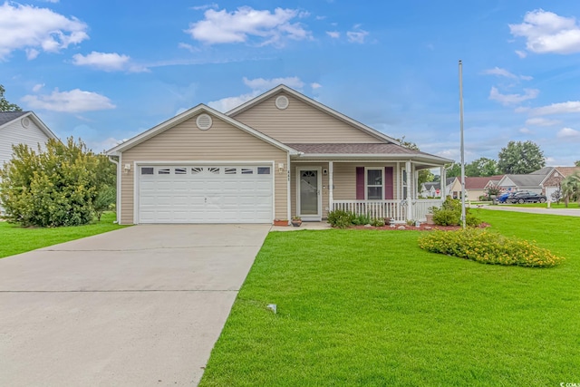 single story home featuring driveway, a porch, an attached garage, a shingled roof, and a front lawn