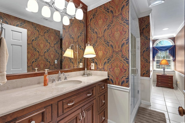 full bath featuring visible vents, wallpapered walls, crown molding, tile patterned flooring, and vanity