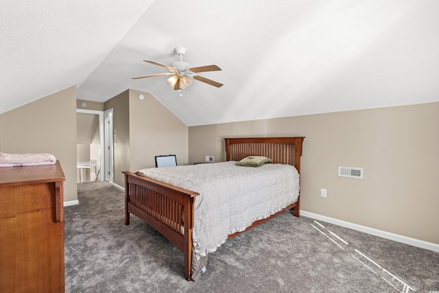 carpeted bedroom with visible vents, lofted ceiling, a textured ceiling, baseboards, and ceiling fan