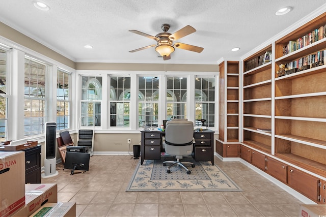 office area with light tile patterned floors, a ceiling fan, recessed lighting, a textured ceiling, and crown molding