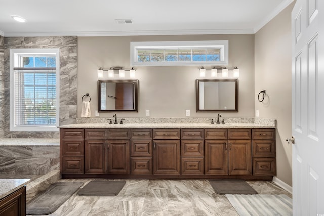 bathroom featuring double vanity, visible vents, marble finish floor, and ornamental molding