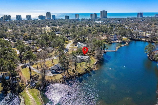 bird's eye view featuring a city view and a water view