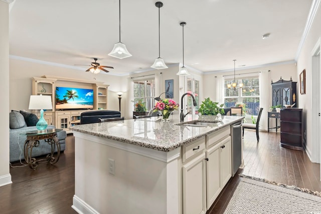 kitchen with ornamental molding, dark wood-type flooring, and a sink