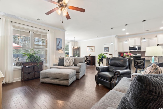 living area featuring dark wood-style floors, visible vents, ceiling fan with notable chandelier, and ornamental molding