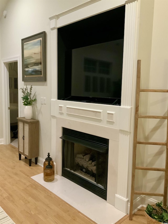 details with a fireplace with flush hearth and wood finished floors