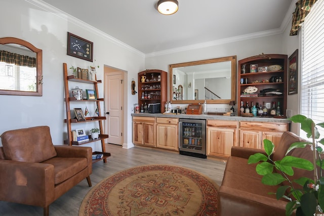 780 Old Murrells Inlet Rd, Murrells Inlet, SC 29576 - indoor wet bar with beverage cooler, crown molding, and light wood-style floors