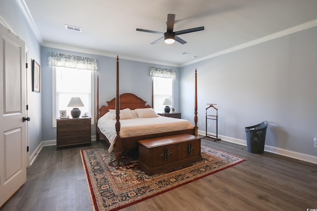 780 Old Murrells Inlet Rd, Murrells Inlet, SC 29576 - bedroom with dark wood-style flooring, ornamental molding, baseboards, and a ceiling fan