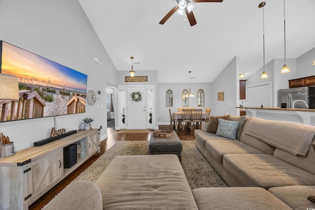 216 Camrose Way, Myrtle Beach, SC 29579 - living area with a ceiling fan, dark wood-type flooring, and high vaulted ceiling