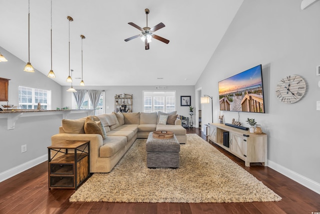 216 Camrose Way, Myrtle Beach, SC 29579 - living room featuring ceiling fan, high vaulted ceiling, plenty of natural light, and dark wood finished floors