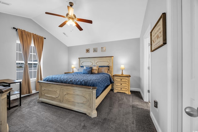 216 Camrose Way, Myrtle Beach, SC 29579 - bedroom with dark carpet, lofted ceiling, and a ceiling fan
