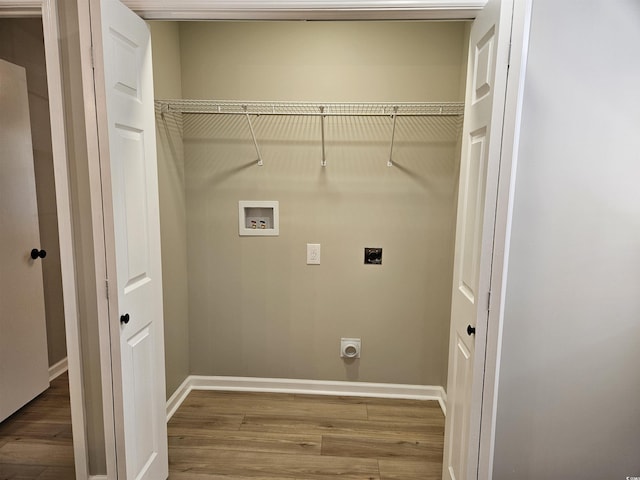 washroom featuring laundry area, electric dryer hookup, washer hookup, and wood finished floors