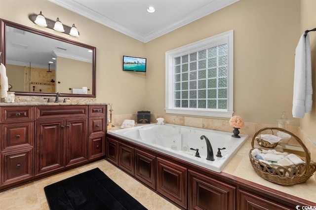 9785 Anchor Dr, Longs, SC 29568 - full bathroom with a tub with jets, vanity, crown molding, a shower, and recessed lighting