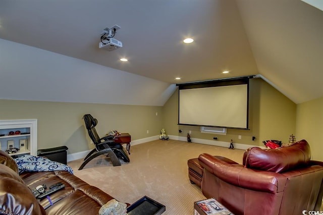9785 Anchor Dr, Longs, SC 29568 - carpeted home theater with vaulted ceiling, baseboards, and recessed lighting