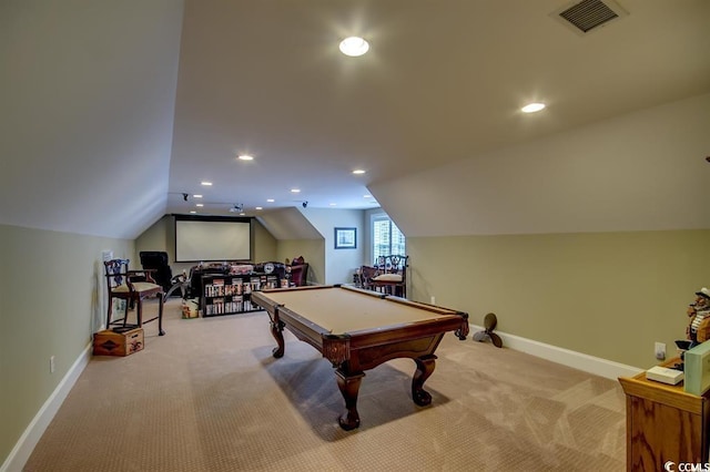 9785 Anchor Dr, Longs, SC 29568 - rec room with carpet, vaulted ceiling, baseboards, pool table, and recessed lighting