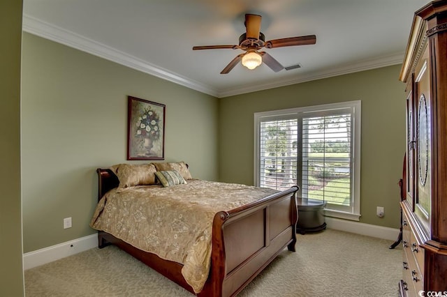 9785 Anchor Dr, Longs, SC 29568 - bedroom featuring ornamental molding, baseboards, light colored carpet, and ceiling fan