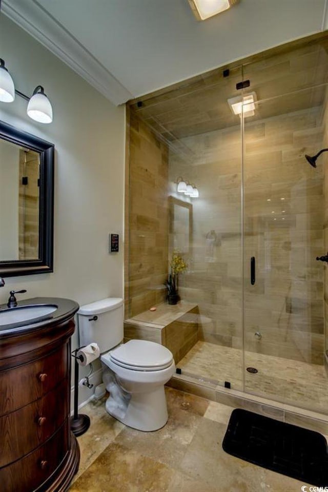 9785 Anchor Dr, Longs, SC 29568 - bathroom with a stall shower, vanity, toilet, and crown molding