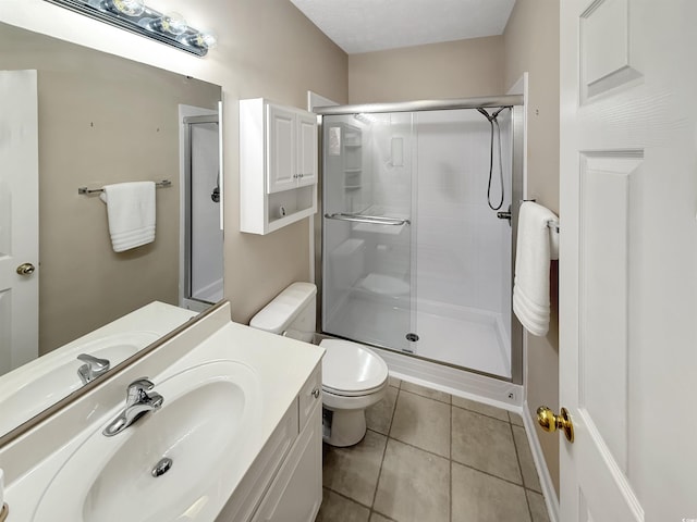 full bath featuring tile patterned floors, a stall shower, toilet, and vanity