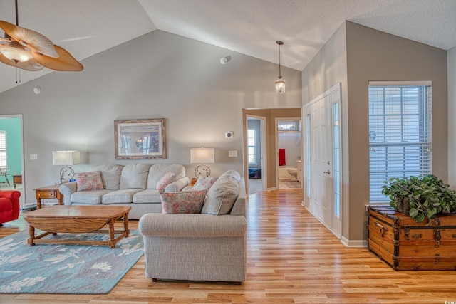 living area featuring light wood finished floors, a healthy amount of sunlight, high vaulted ceiling, and ceiling fan