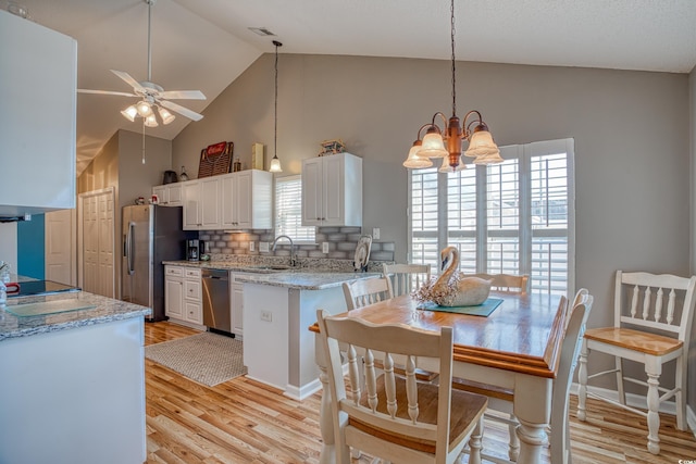 kitchen with white cabinetry, a wealth of natural light, ceiling fan with notable chandelier, and appliances with stainless steel finishes