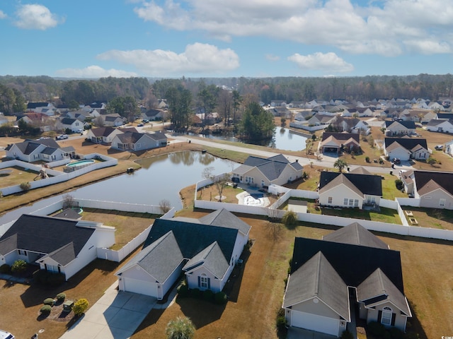 birds eye view of property with a residential view and a water view