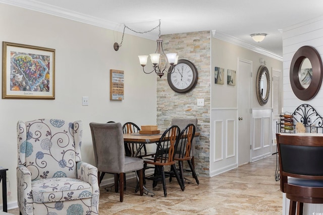 dining area with an inviting chandelier and ornamental molding