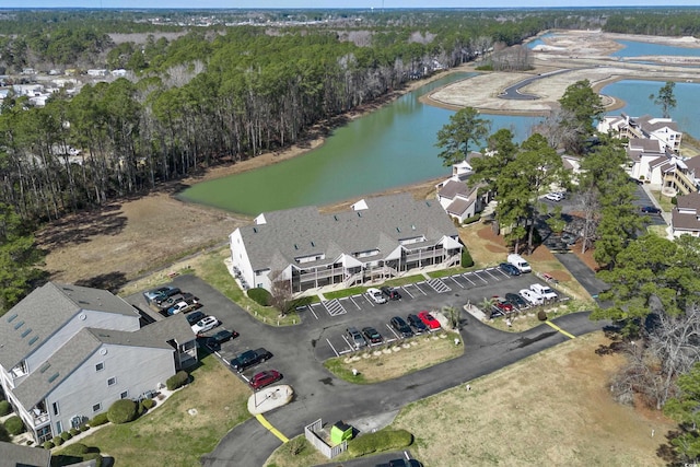 aerial view featuring a water view and a residential view