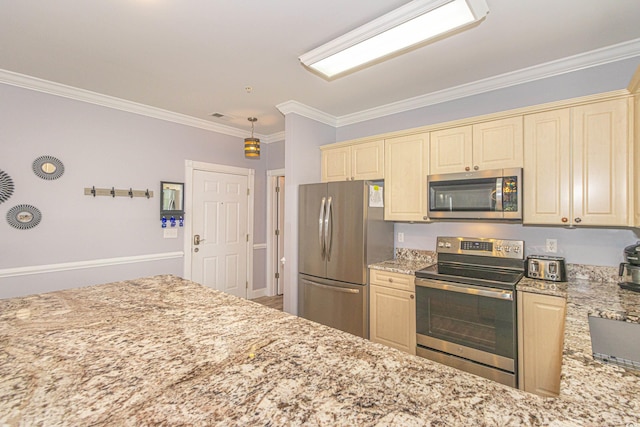 kitchen featuring visible vents, cream cabinets, stainless steel appliances, crown molding, and light stone countertops