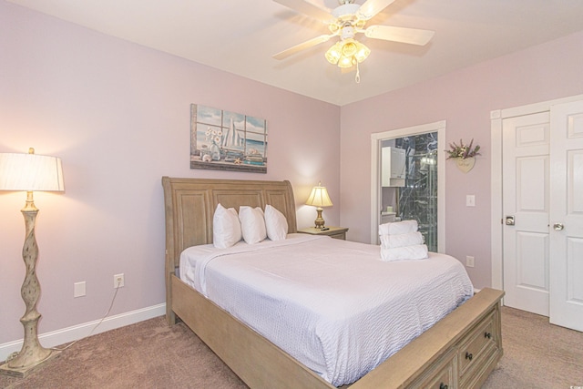 bedroom with baseboards, light colored carpet, and a ceiling fan