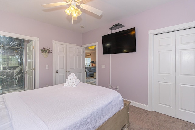 bedroom with a ceiling fan, access to outside, carpet, and baseboards