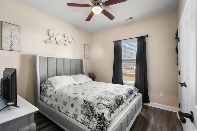 bedroom featuring ceiling fan, visible vents, baseboards, and dark wood-style floors