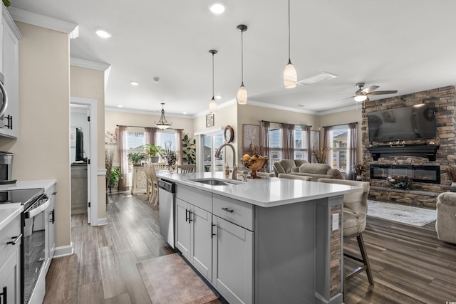 kitchen with ceiling fan, open floor plan, appliances with stainless steel finishes, and a sink