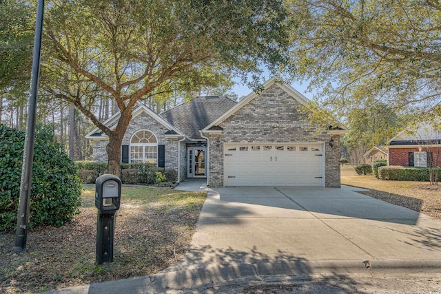 view of front of property featuring driveway, brick siding, an attached garage, and a shingled roof