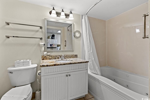 full bathroom with vanity, toilet, and a combined bath / shower with jetted tub