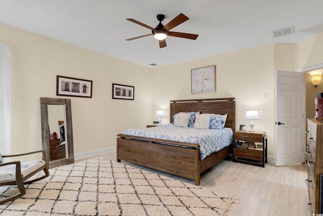 bedroom with visible vents, baseboards, a ceiling fan, and light wood finished floors