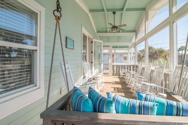 162 Norris Dr, Pawleys Island, SC 29585 - sunroom / solarium featuring lofted ceiling with beams and a ceiling fan