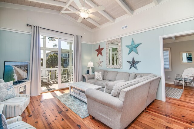162 Norris Dr, Pawleys Island, SC 29585 - living room with lofted ceiling with beams, a ceiling fan, visible vents, and wood-type flooring