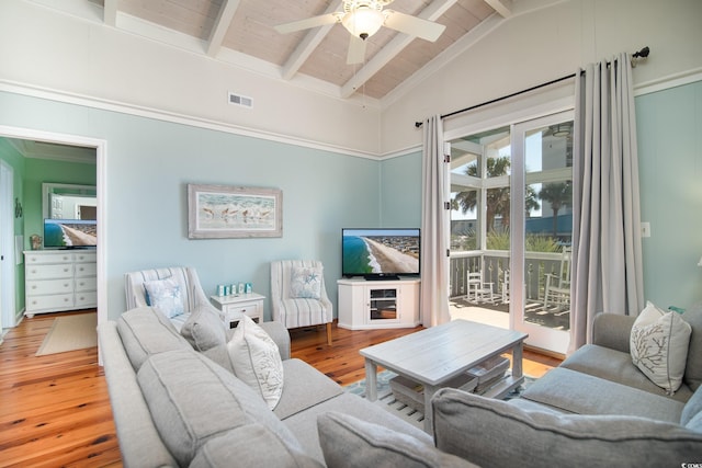 162 Norris Dr, Pawleys Island, SC 29585 - living room featuring hardwood / wood-style flooring, vaulted ceiling with beams, a ceiling fan, and visible vents