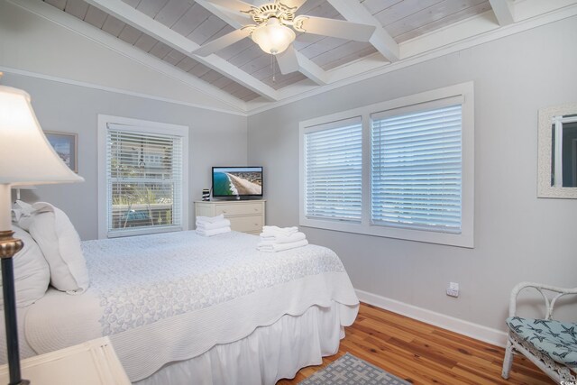 162 Norris Dr, Pawleys Island, SC 29585 - bedroom with light wood-style floors, wooden ceiling, baseboards, ceiling fan, and vaulted ceiling with beams